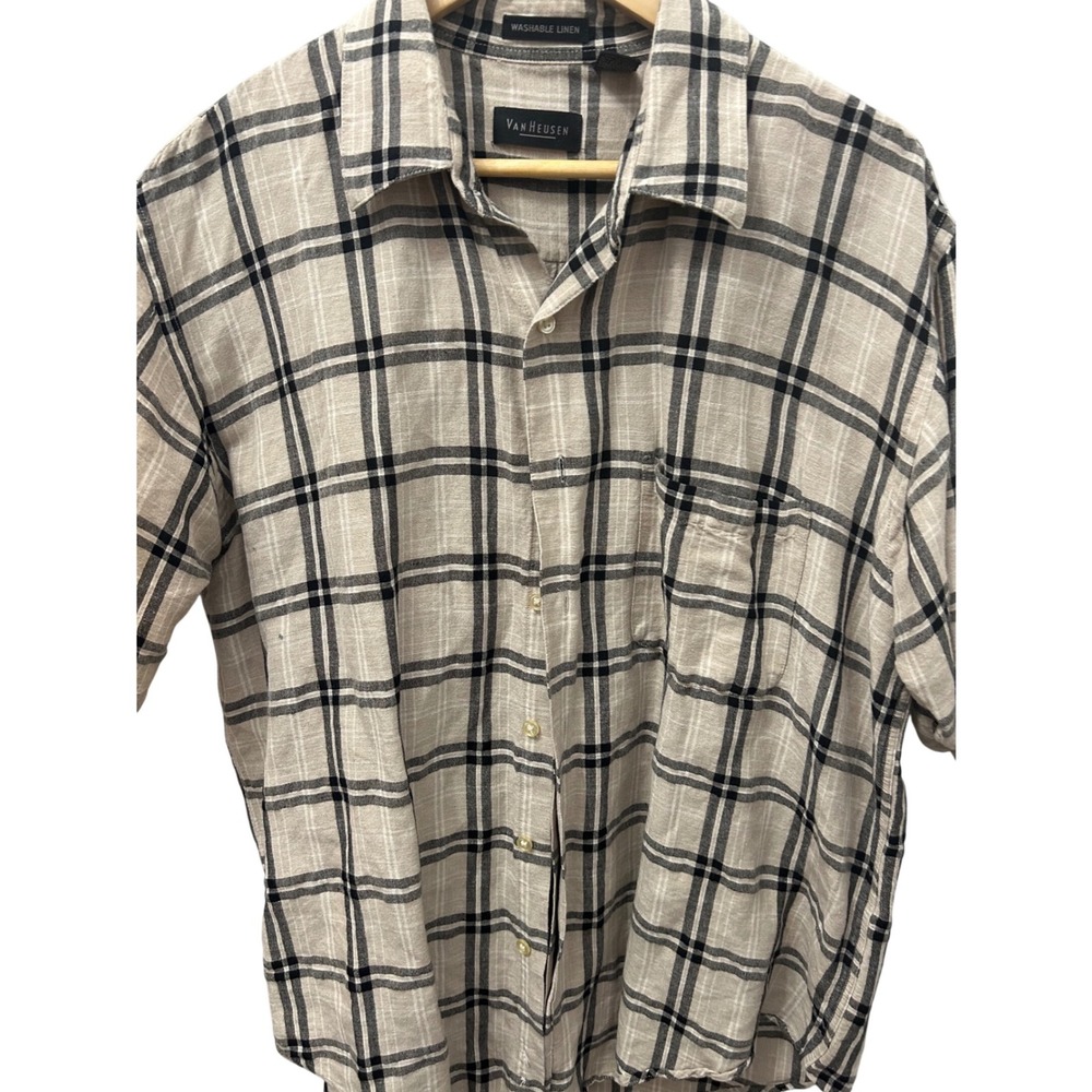 Van Heusen Men's Washable Linen Plaid Short Sleeve Shirt Camp Collar Summer